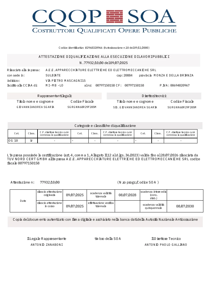 Prima pagina dell’attestazione di qualificazione A.E.E. rilasciata da CQOP SOA