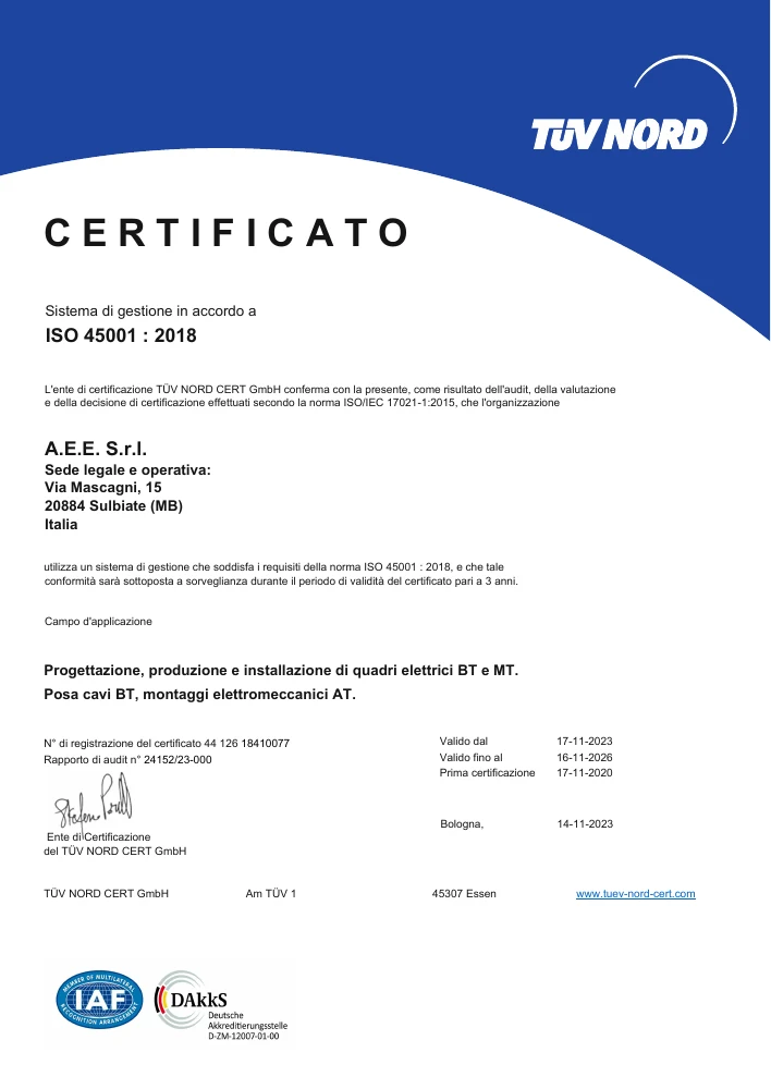 Prima pagina del certificato ISO 45001:2018 A.E.E. rilasciato da TÜV NORD