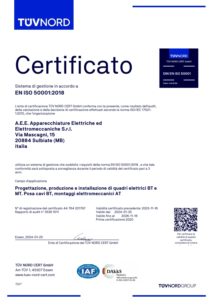 Prima pagina del certificato EN ISO 50001:2018 A.E.E. rilasciato da TÜV NORD