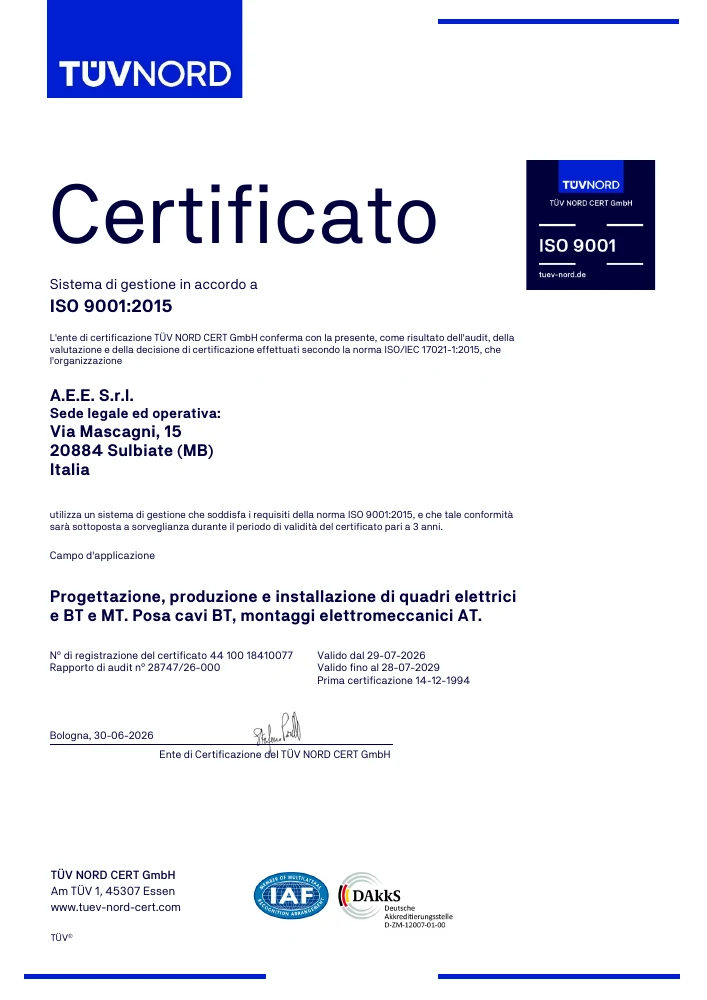 Prima pagina del certificato ISO 9001:2015 A.E.E. rilasciato da TÜV NORD